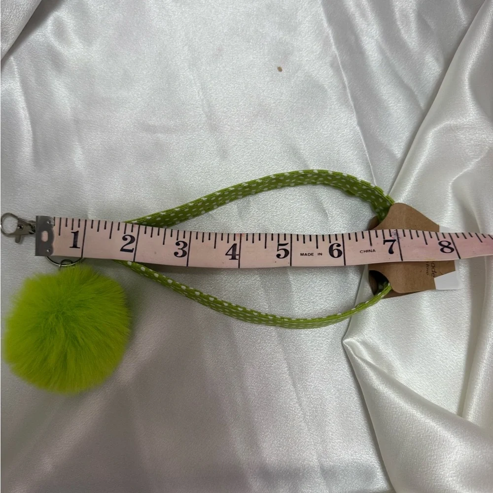 Handmade Green and White Polka Dot Wristlet Keychain with Green Pompom